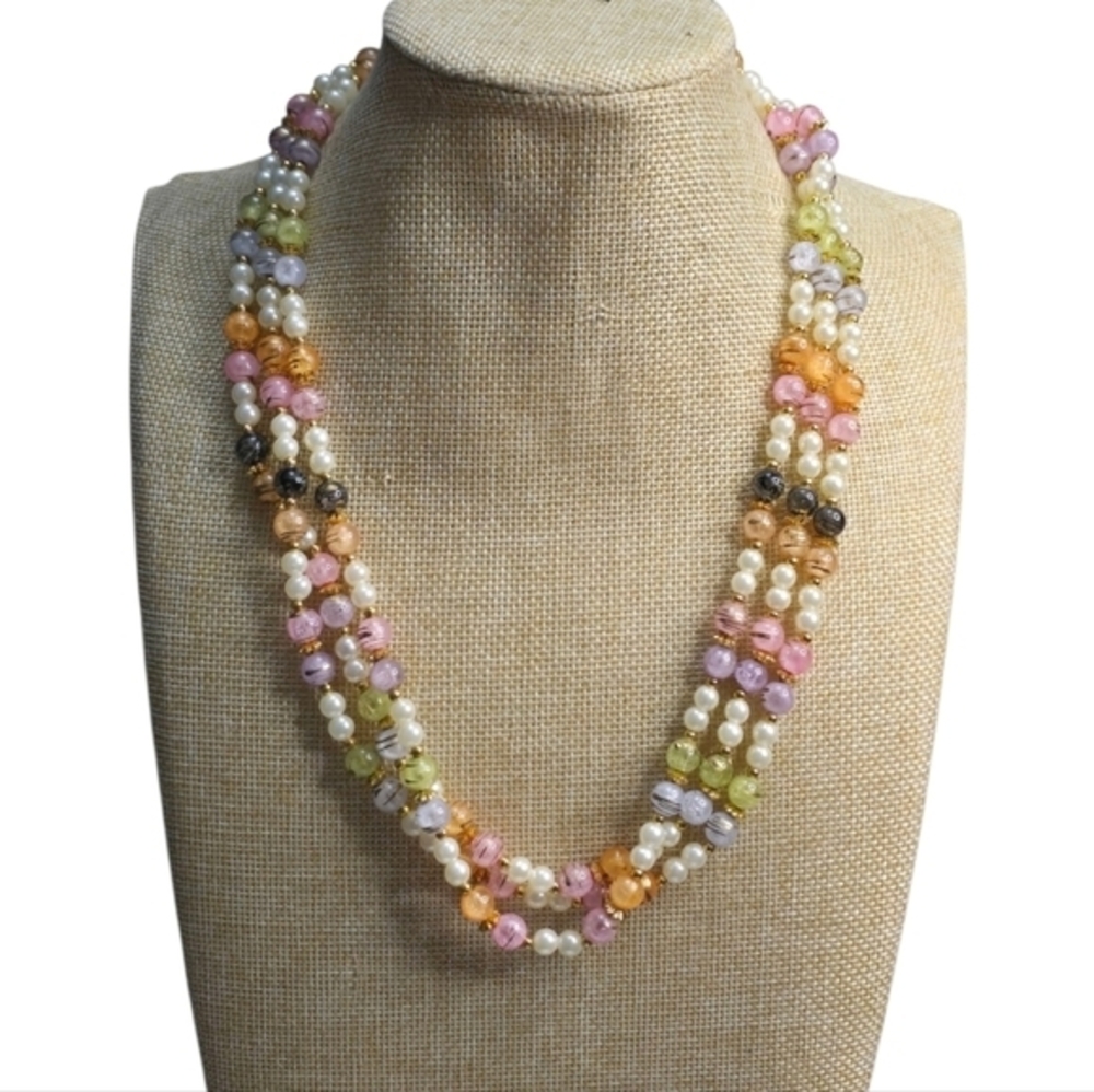 Treska Vintage Style Triple Strand Multicolor Faux Pearl Pastel Bead Necklace